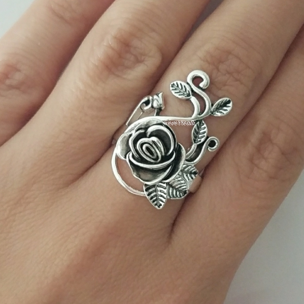 Antique Silver tone Rose Flower Vine Ring - Picture 3 of 3